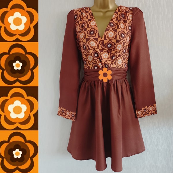 Retro Flower Brown Orange Sixties Seventies Mini Dress (Orange flower not included)