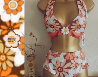 Retro Flower Bikini, 70's, hippy, boho, bohemian, 60's, flower power, mod, orange, brown, daisy, halter neck, beach, holiday, Summer.