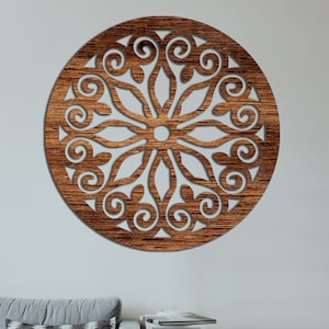 Round Flower Mandala Elegant Black Wooden Wall Art - Handcrafted Circular Design with Intricate Scroll Patterns Living Room or Office Décor