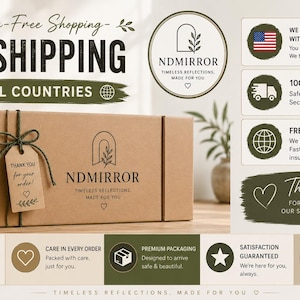 May include: A rectangular brown cardboard shipping box featuring the NDMIRROR logo, a tied string with a Thank You tag, and various icons including This Side Up, Fragile, and Secure Packaging. The box is presented alongside text detailing shipping policies.