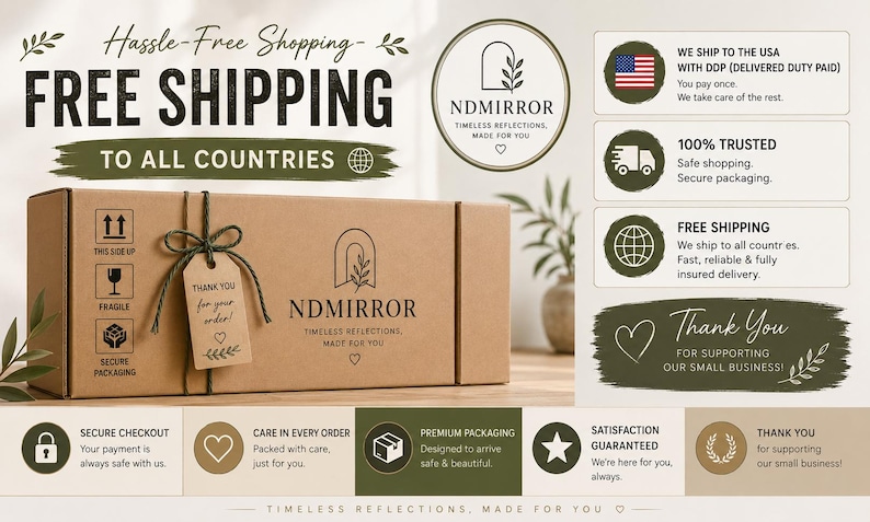 May include: A rectangular brown cardboard shipping box featuring the NDMIRROR logo, a tied string with a Thank You tag, and various icons including This Side Up, Fragile, and Secure Packaging. The box is presented alongside text detailing shipping policies.