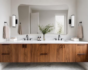 Frameless Wavy Bathroom Mirror, Organic Wall Large Horizontal Vanity Modern Irregular Mirror, Contemporary Decor