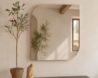 Frameless Rounded Corner Square Mirror, Bathroom Modern Wall Minimalist Vanity Mirror, Contemporary Entryway Decor