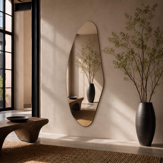Frameless Asymmetrical Wall Mirror, Irregular Full Length Organic Modern Entryway Large Statement Mirror Decor