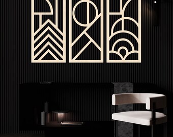 Geometric Black Wood Wall Art: Modern Laser Cut Panel Set
