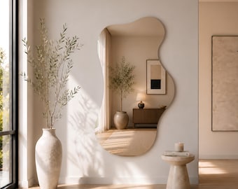 Frameless Irregular Mirror, Organic Wall Asymmetrical Vanity Modern Entryway Mirror, Luxury Minimalist Home Decor