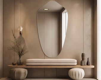 Frameless Shield Shape İtalian Style Bathroom Mirror, Vanity Large Unframed Modern Interior Design Mirror