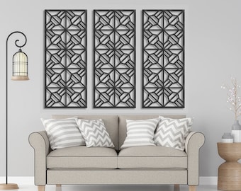 Modern Geometric Wooden Wall, Rustic Panel Decor Wood Art, Rectangle Set of 3 Line Wooden, Nursery Living Room Wall Set