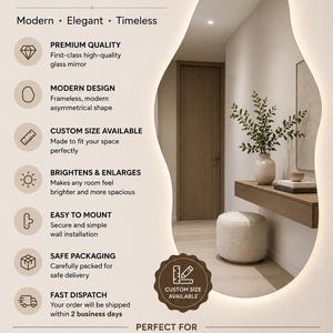 May include: A frameless, asymmetrical wall mirror with integrated backlighting. The text reads: Frameless Modern Wall Mirror, Premium Quality, Modern Design, Custom Size Available, Brightens & Enlarges, Easy to Mount, Safe Packaging, Fast Dispatch.