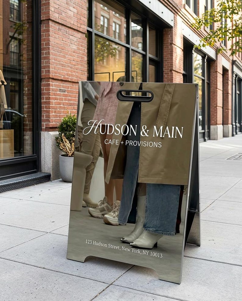 May include: A-frame sign with the text "HUDSON & MAIN CAFE + PROVISIONS" in white. The sign reflects the image of people wearing various outfits. The address "123 Hudson Street, New York, NY 10013" is printed at the bottom.