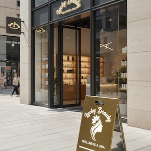 May include: Exterior view of a beauty and wellness spa, "Lucky Beauty." The storefront features large glass doors and windows, with a sign above the entrance. A-frame sign on the sidewalk displays the spa's logo and the word "OPEN."