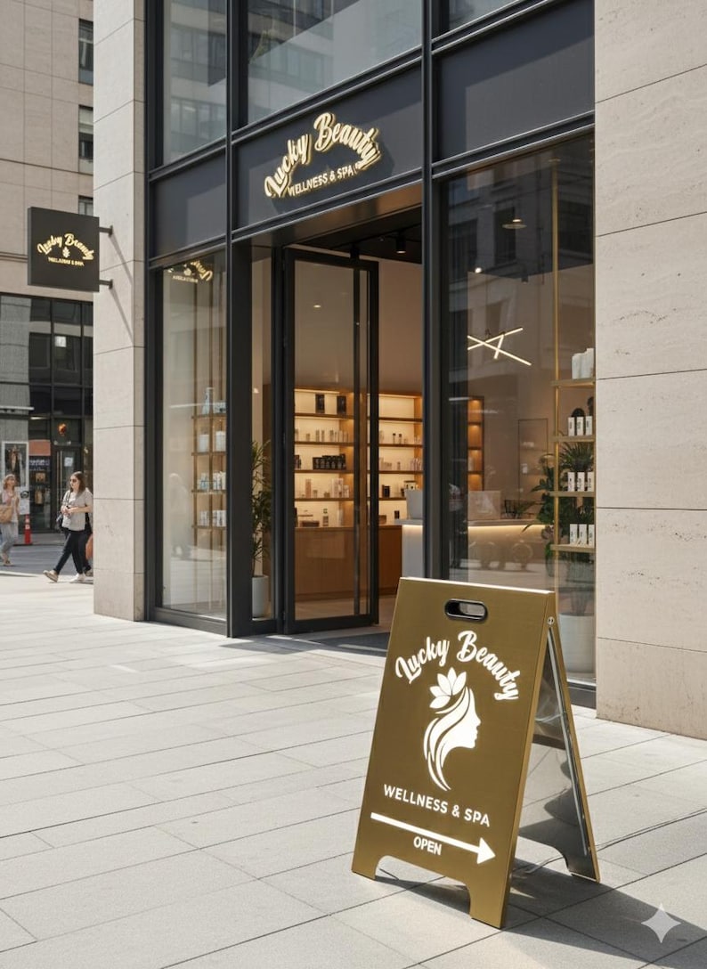 May include: Exterior view of a beauty and wellness spa, "Lucky Beauty." The storefront features large glass doors and windows, with a sign above the entrance. A-frame sign on the sidewalk displays the spa's logo and the word "OPEN."