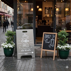 May include: Exterior shot of a coffee shop with two sandwich board signs. One sign is gray with the words "Coffee House 24H" and a coffee cup graphic. The other is a chalkboard sign that says "Today's Coffee: Cold Brew!" with a cold brew graphic.
