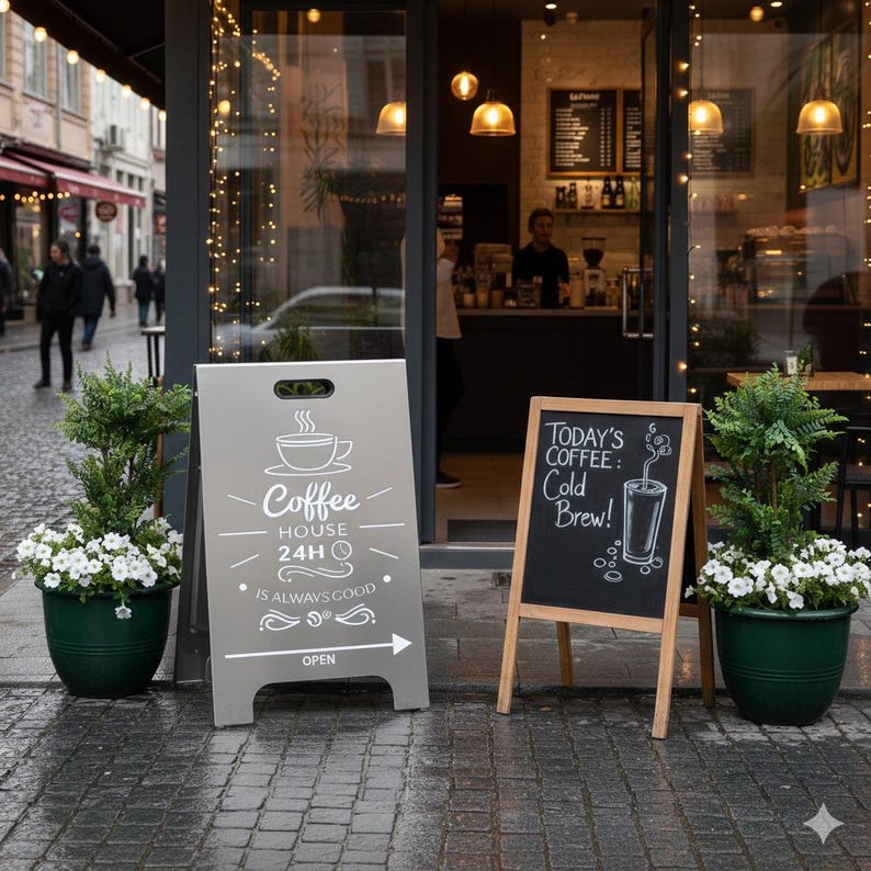May include: Exterior shot of a coffee shop with two sandwich board signs. One sign is gray with the words "Coffee House 24H" and a coffee cup graphic. The other is a chalkboard sign that says "Today's Coffee: Cold Brew!" with a cold brew graphic.