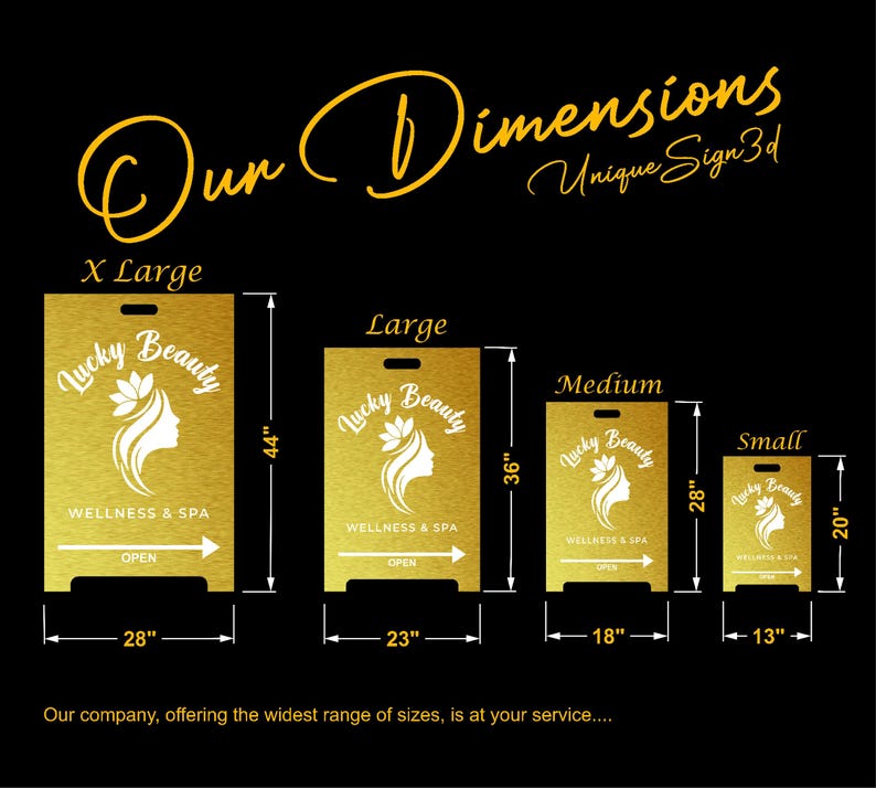 May include: Gold-colored sign with the text "Lucky Beauty Wellness & Spa" in various sizes: X Large (44" x 28"), Large (36" x 23"), Medium (28" x 18"), and Small (20" x 13"). Each sign has a handle and an arrow indicating "Open".