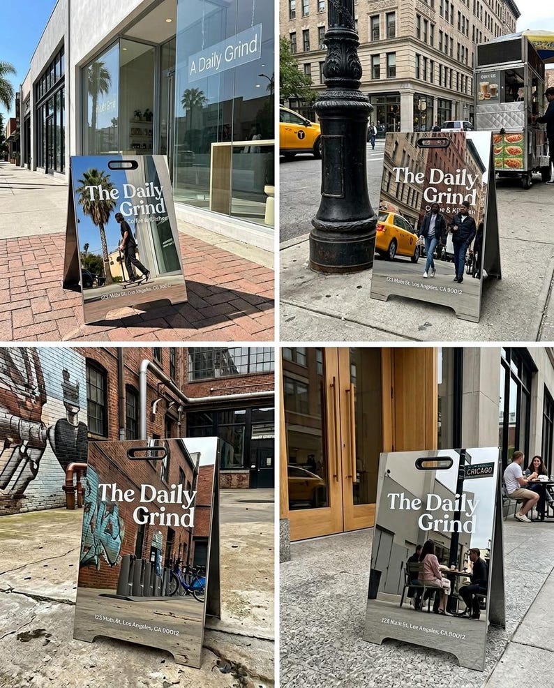 May include: A-frame sign with the text "The Daily Grind" in a modern font. The sign reflects the surrounding urban environment, including buildings and people. The sign is made of a light-colored material.