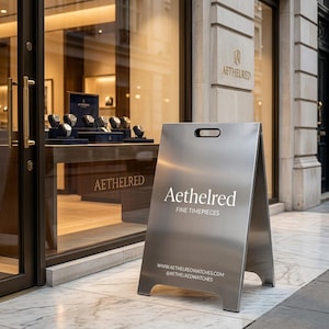 May include: A silver A-frame sign with the text "Aethelred FINE TIMEPIECES" stands on a marble sidewalk in front of a watch store. The store window displays several watches on blue velvet stands.