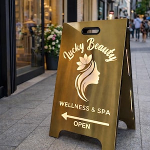 May include: A gold-colored A-frame sign for "Lucky Beauty Wellness & Spa" with a logo of a woman's profile and a lotus flower. The sign also has the word "OPEN" and an arrow pointing left.