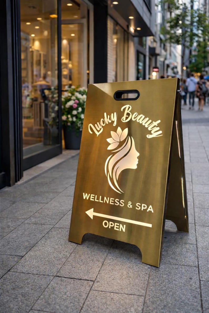 May include: A gold-colored A-frame sign for "Lucky Beauty Wellness & Spa" with a logo of a woman's profile and a lotus flower. The sign also has the word "OPEN" and an arrow pointing left.