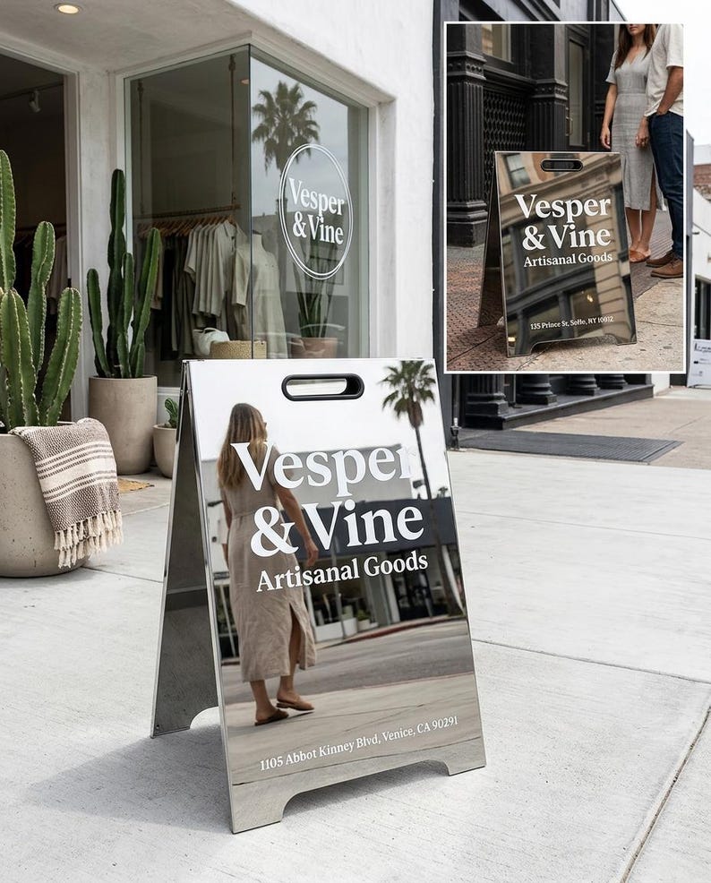 May include: A silver A-frame sign with the text "Vesper & Vine Artisanal Goods" in white. The sign reflects the surroundings, including a person and a storefront. The address "1105 Abbot Kinney Blvd, Venice, CA 90291" is printed at the bottom.