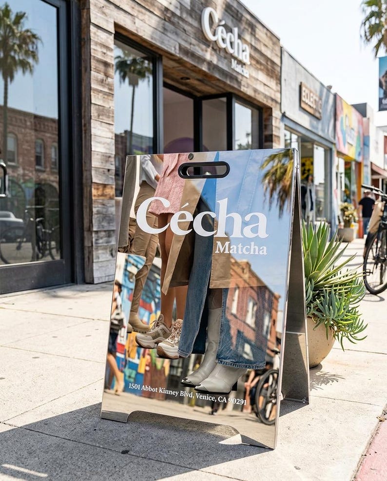 May include: A-frame sign with the text "C&eacute;cha Matcha" in white, reflecting the street scene. The sign displays images of clothing and footwear. The address "1501 Abbot Kinney Blvd, Venice, CA 90291" is printed at the bottom.