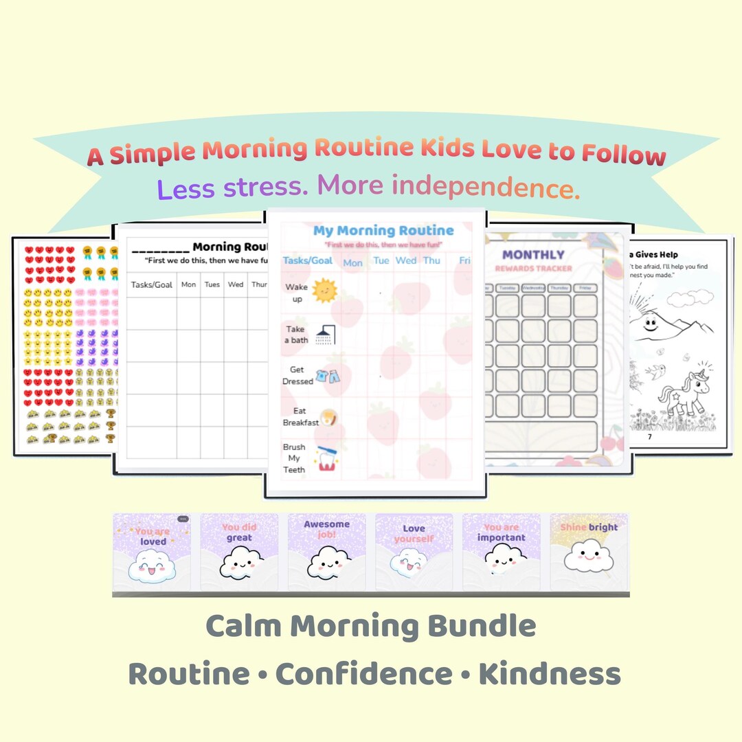 Kids Morning Routine Chart | Printable Bundle With Affirmation Stickers ...