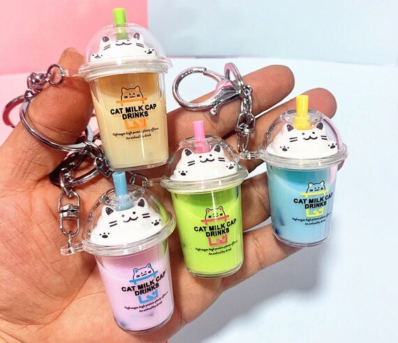Boba Milk Tea Keychain Cat Milk Cap Series moving Liquid Cartoon