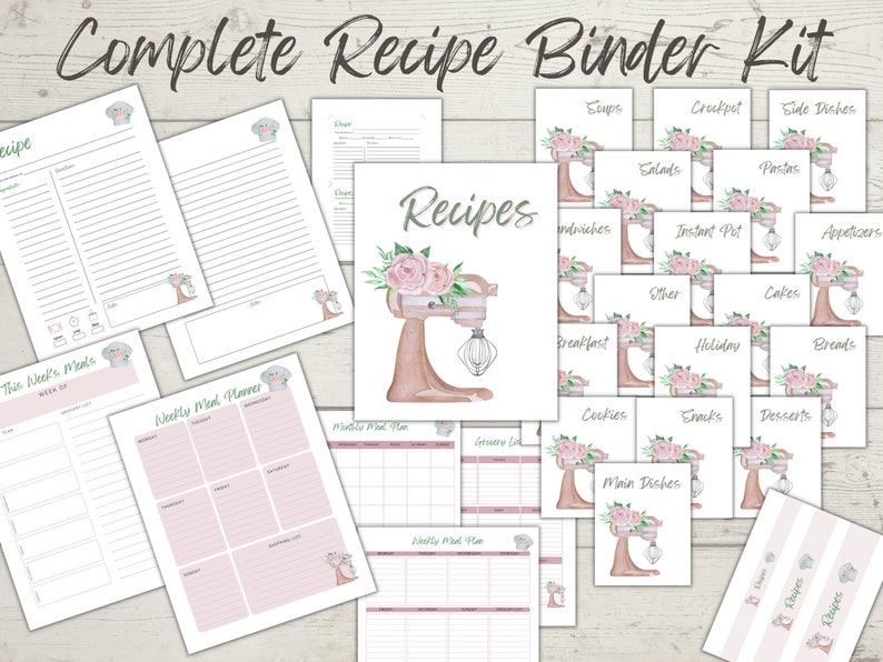 Printable Recipe Binder Kit, Printable Meal Planner, Recipe Organizer