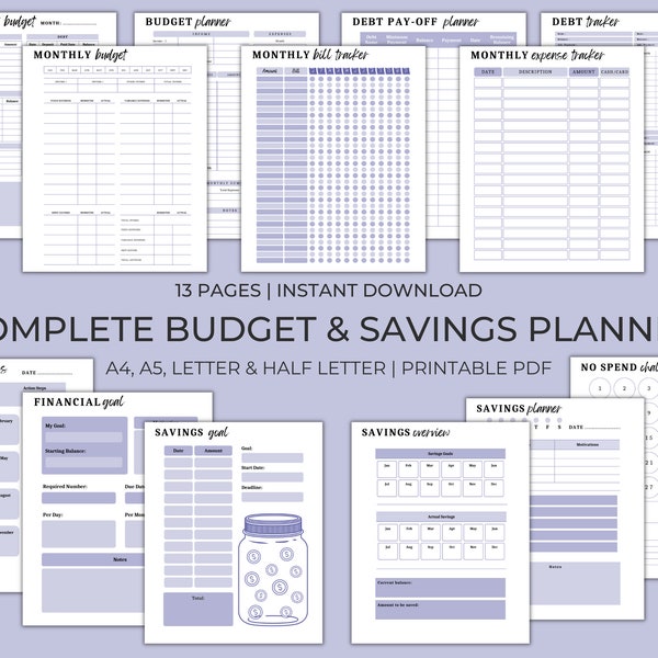 Budget Tracker-Bundle for Financial Binder | Monthly Budget, Expense Tracker, Debt Payoff Tracker, Savings Tracker, Financial Goals Tracker