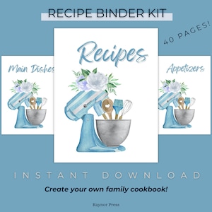 Recipe Binder Kit Section Dividers - Printable Recipe Binder Dividers for Recipe Book - Pretty Blue Stand Mixer - Set of 40