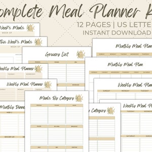 Printable Meal Planning Kit, Weekly and Monthly Meal Planner with Sunday/Monday starts, Grocery List Printable
