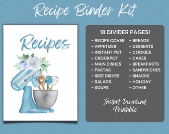Recipe Binder Kit Section Dividers - Printable Recipe Binder Dividers for Recipe Book - Pretty Blue Stand Mixer - Set of 18