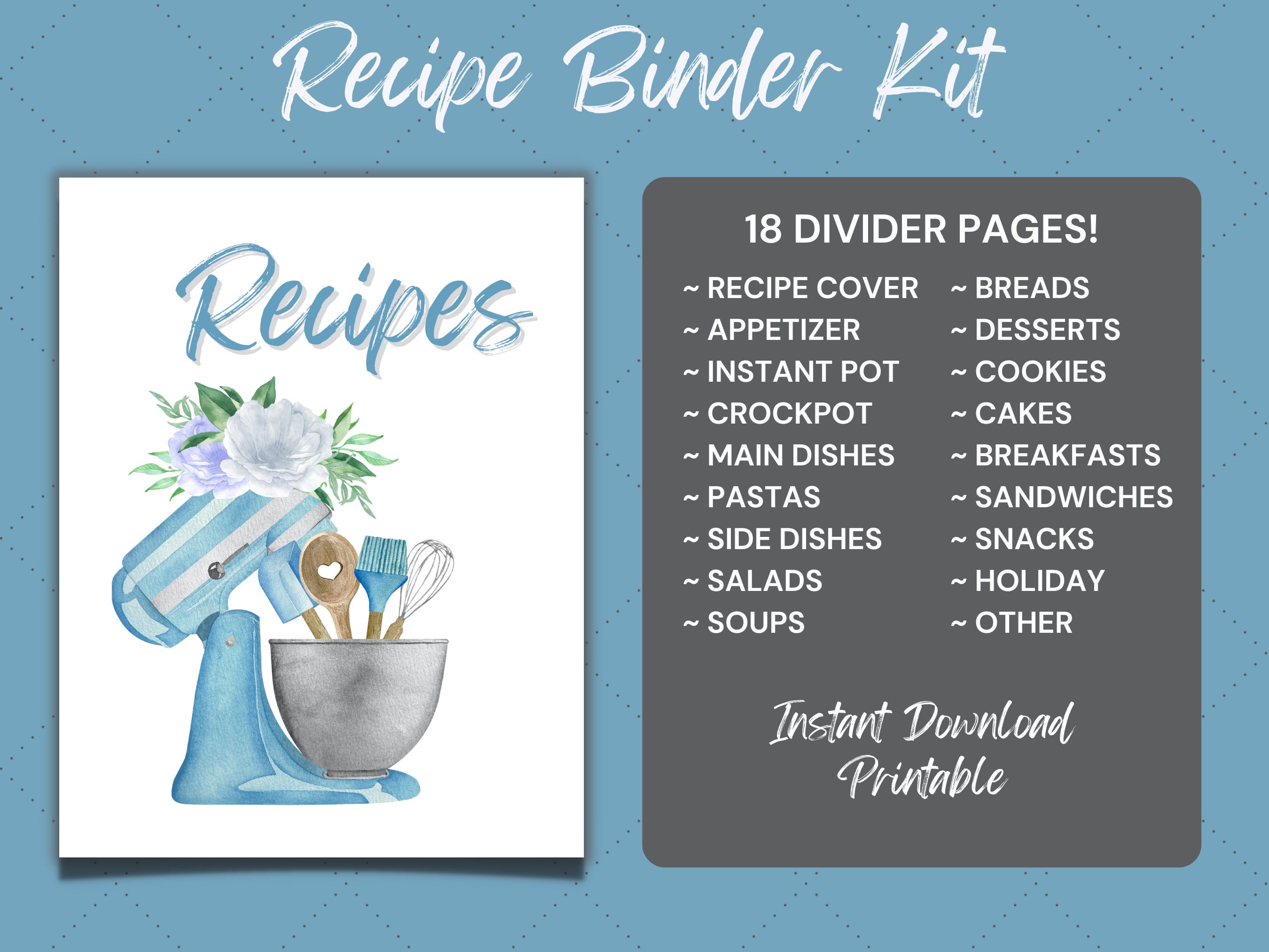 Recipe Binder Kit Section Dividers Printable Recipe Binder Dividers for Recipe Book Pretty Blue