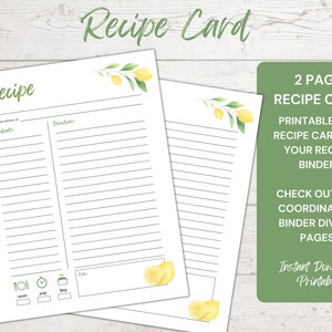 Printable Recipe Card | 2 Page Design, Print Front and Back | Lemon Decor Recipe Card for Family Recipe Binder Kit