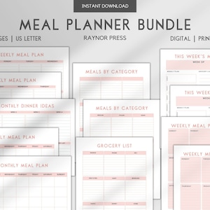 Digital and Printable Meal Planning Bundle, Weekly and Monthly Meal Planners with Sunday or Monday Starts, Includes Grocery Lists!