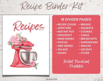 Recipe Binder Kit Section Dividers - Printable Recipe Binder Dividers for Recipe Book - Red Mixer with Flowers - Set of 18