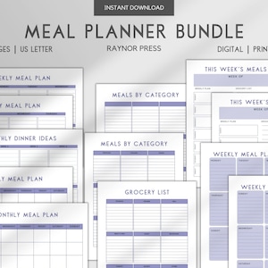 Digital and Printable Meal Planning Bundle, Weekly and Monthly Meal Planners with Sunday or Monday Starts, Includes Grocery Lists!