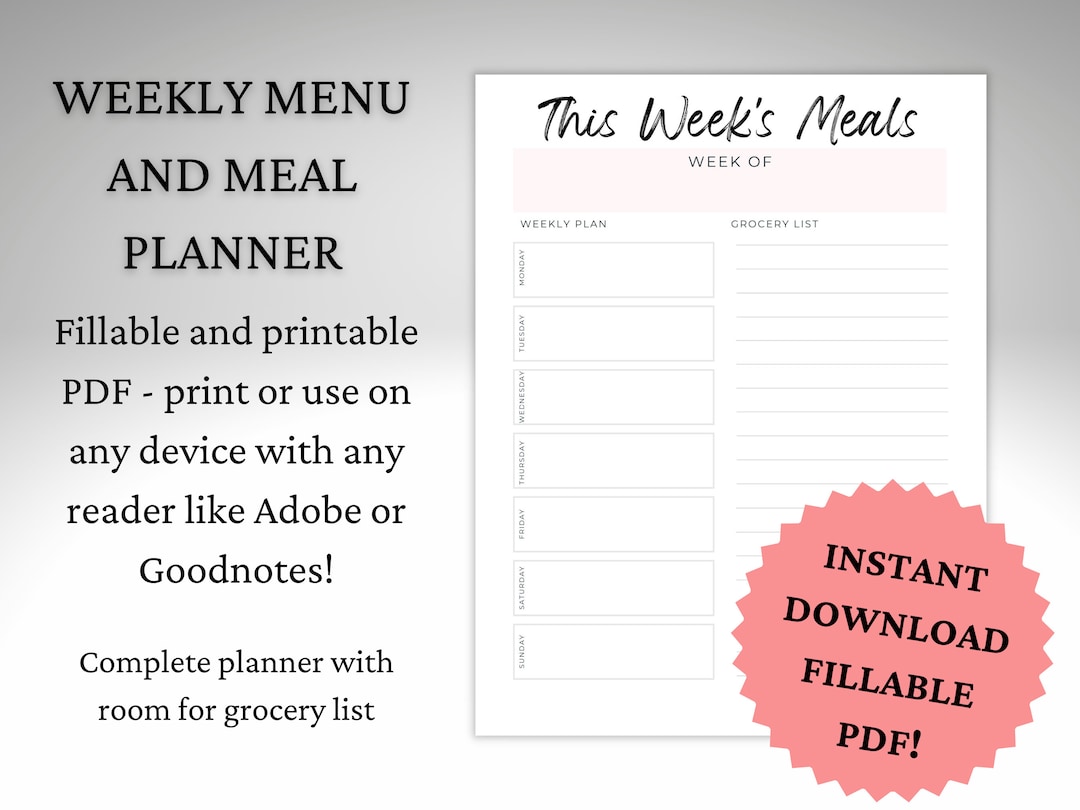 Weekly Family Menu Planner With Grocery List, Weekly Meal Prep Planner ...