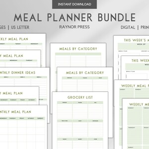 Digital and Printable Meal Planning Bundle, Weekly and Monthly Meal Planners with Sunday or Monday Starts, Includes Grocery Lists!