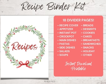 Recipe Binder Kit Section Dividers - Printable Recipe Binder Dividers for Recipe Book - Christmas Wreath - Set of 18