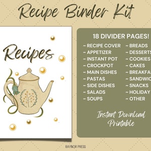 Recipe Binder Kit Section Dividers - Printable Recipe Binder Dividers for Recipe Book - Tea Pot Design - Set of 18
