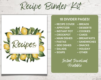Recipe Binder Kit Section Dividers - Printable Recipe Binder Dividers for Recipe Book - Lemons - Printable PDF - Set of 18
