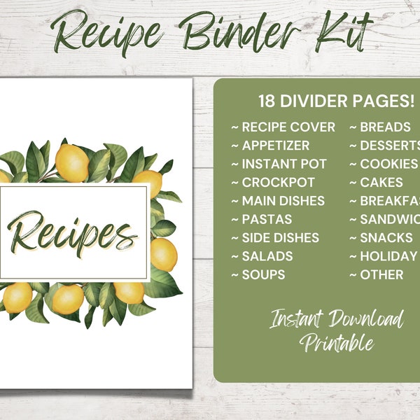 Recipe Binder Kit Section Dividers - Printable Recipe Binder Dividers for Recipe Book - Lemons - Printable PDF - Set of 18