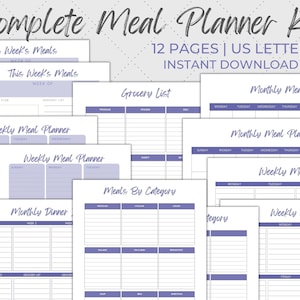 Printable Meal Planning Kit, Weekly and Monthly Meal Planner with Sunday/Monday starts, Grocery List Printable