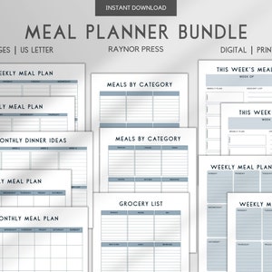 Digital and Printable Meal Planning Bundle, Weekly and Monthly Meal Planners with Sunday or Monday Starts, Includes Grocery Lists!