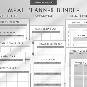 Digital and Printable Meal Planning Bundle, Weekly and Monthly Meal Planners with Sunday or Monday Starts, Includes Grocery Lists!