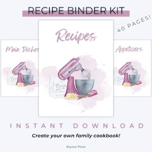Recipe Binder Kit Section Dividers - Printable Recipe Binder Dividers for Recipe Book - Pretty Pink Stand Mixer - Set of 40
