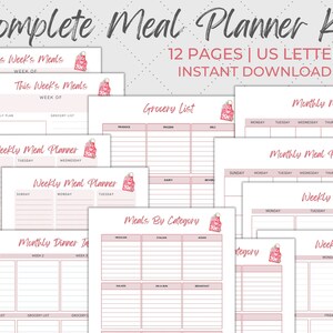 Printable Meal Planning Kit, Weekly and Monthly Meal Planner with Sunday/Monday starts, Grocery List Printable