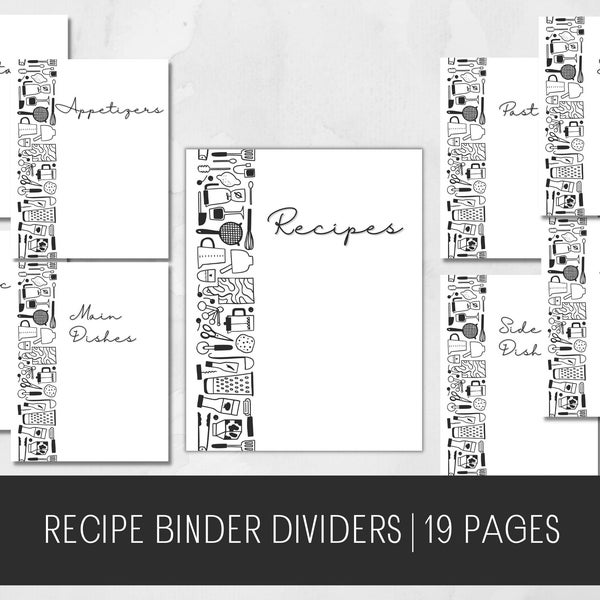 Recipe Binder Divider Pages, 19 Binder Kit Section Pages to Organize Your Recipe Binder or Recipe Book, Instant Download, Printable