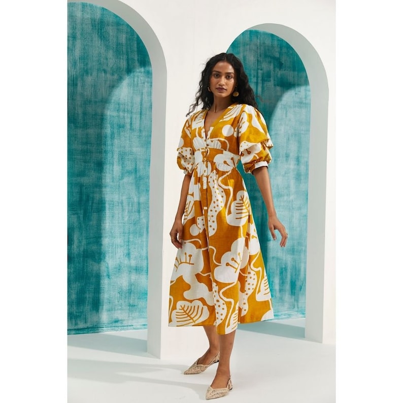 cotton midi shirt dress Mustard Bold Print Puff Sleeve breathable feel Time and Tru Women's Cotton